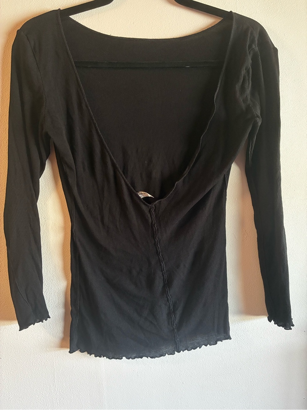 Free People Black Ribbed Long Sleeve Deep V Top Intimates